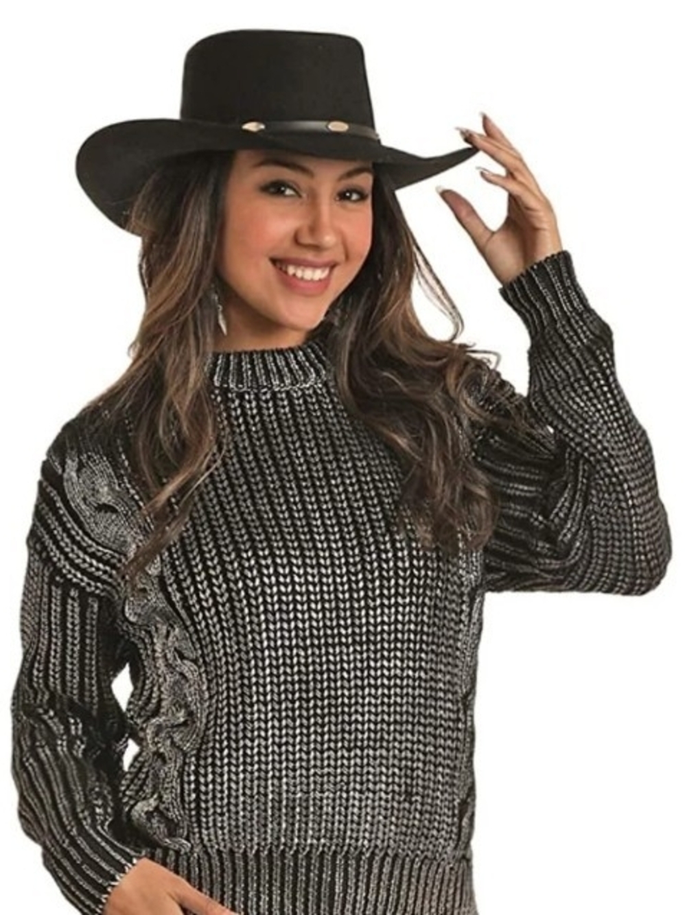 Rock & Roll Cowgirl Black & Silver Textured Crewneck Sweater